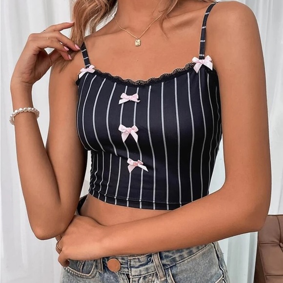 Dolly Pinstripe Bow Front Lace Cami Crop Top - Picture 5 of 6